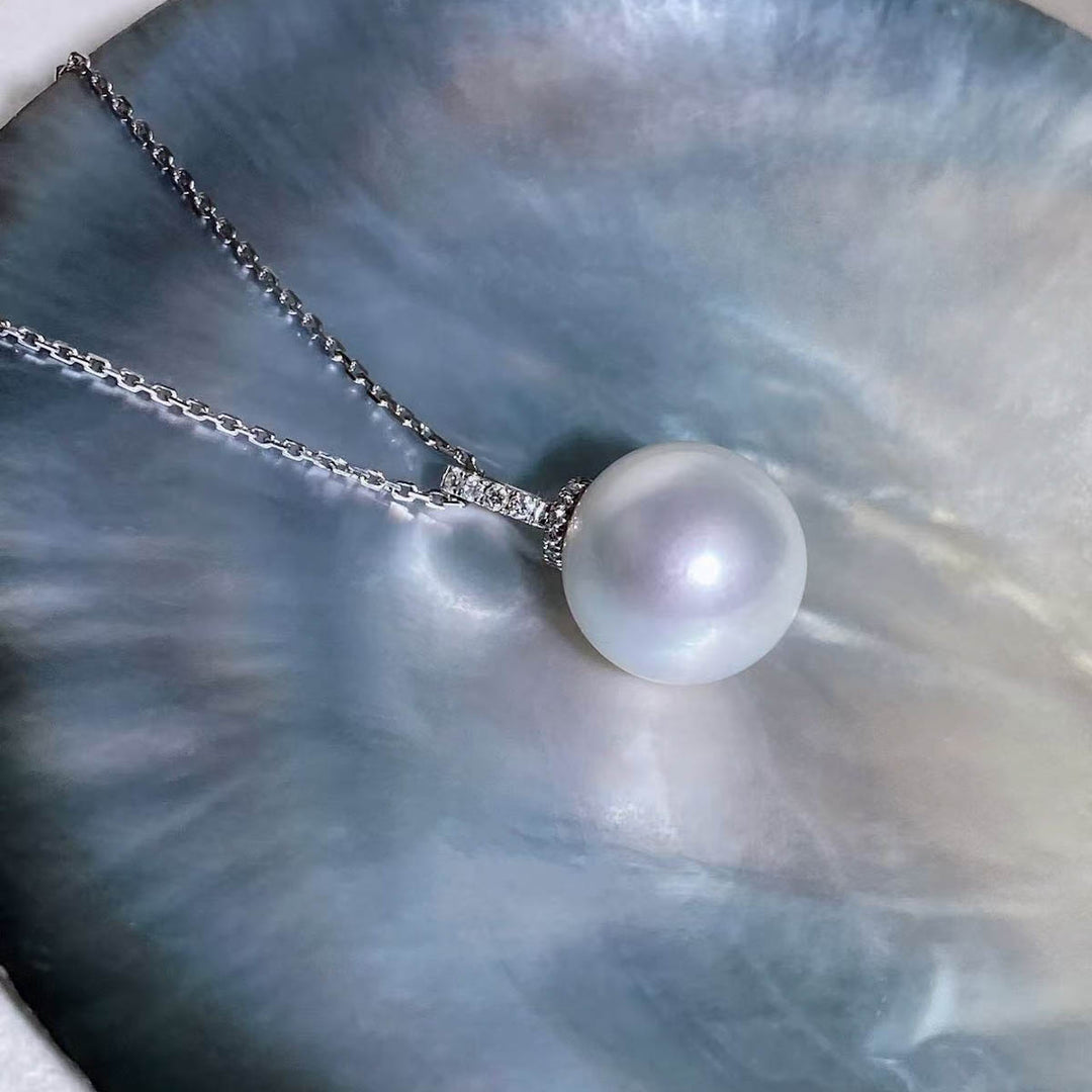 Natural South Sea White Pearl Diamond Necklace 13.3mm d0.104ct,18K