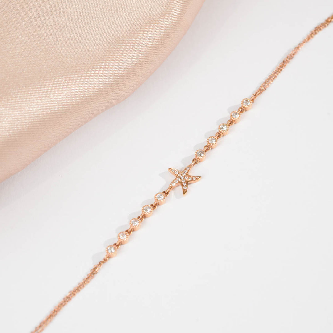 Natural White Diamond Starfish Bracelet D0.072ct, 18K Gold