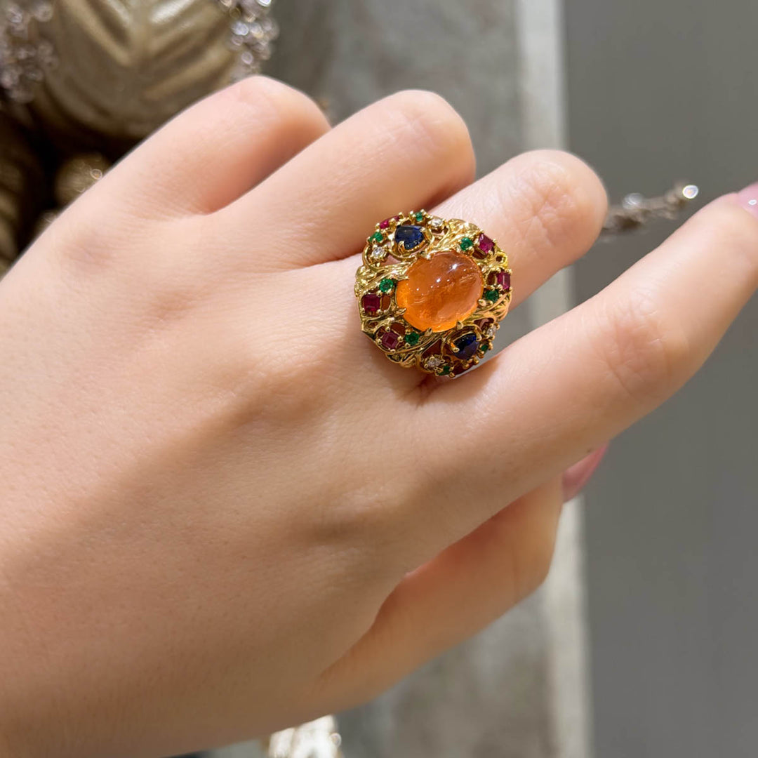 Natural Hessonite Garnet Cabochon Ring D8.47 d1.7ct 18K