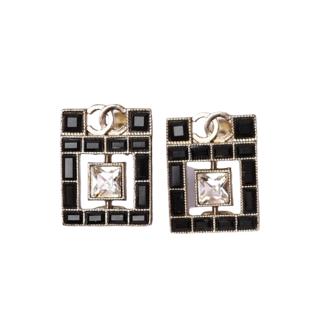 Chanel Black And Crystal Square Clip On Earring