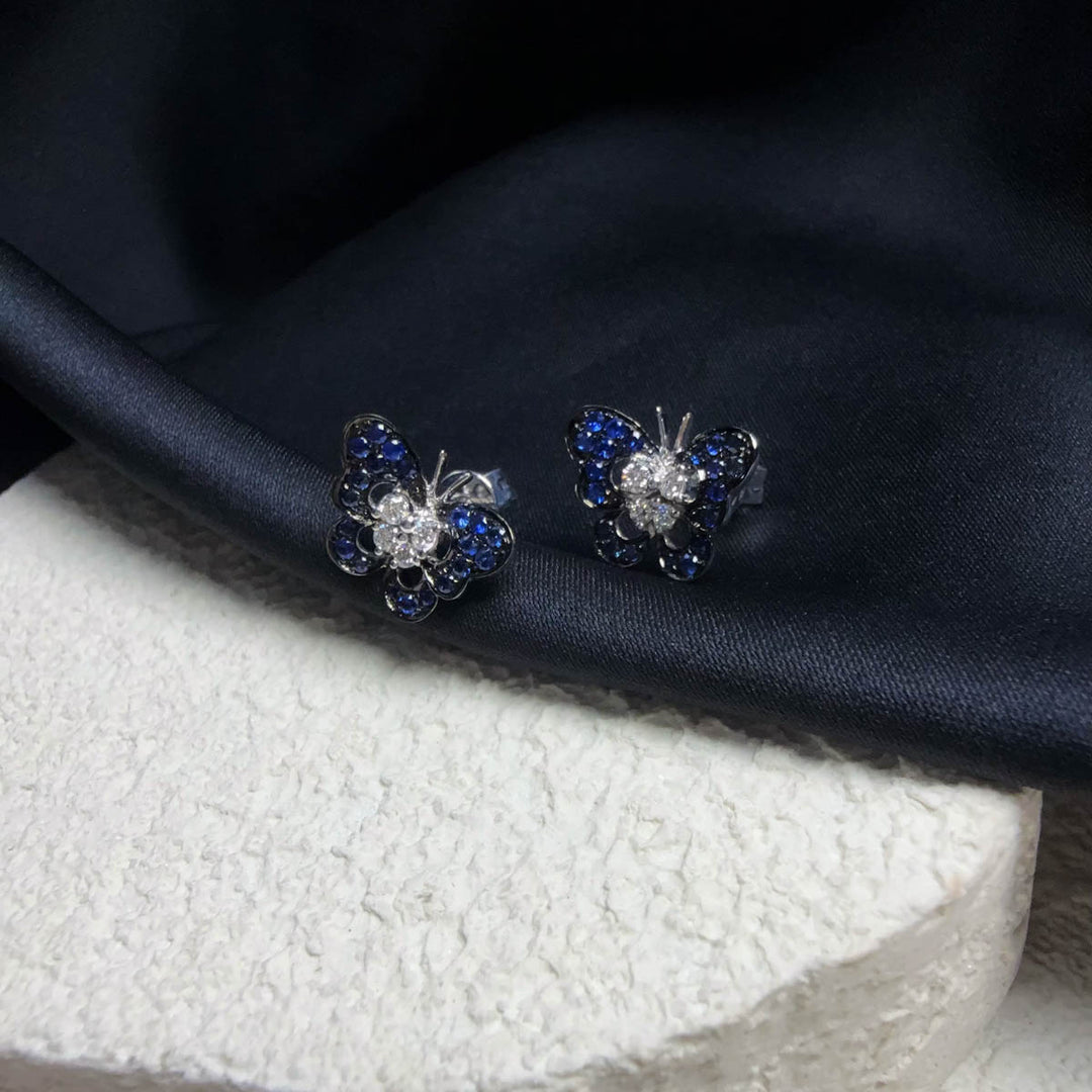 Natural Blue Sapphire Butterfly Stud Earrings 0.337ct, Diamond 0.12ct 18K Gold