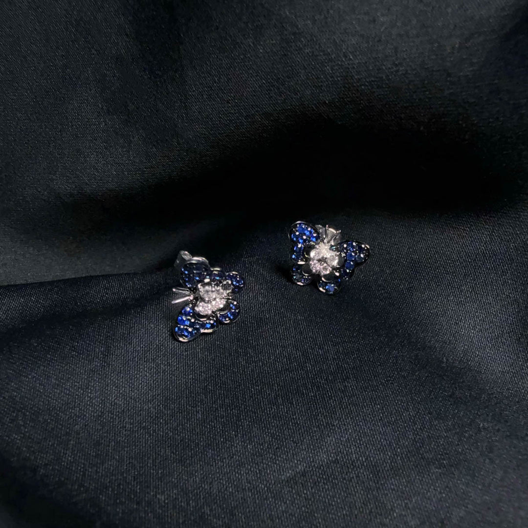 Natural Blue Sapphire Butterfly Stud Earrings 0.337ct, Diamond 0.12ct 18K Gold