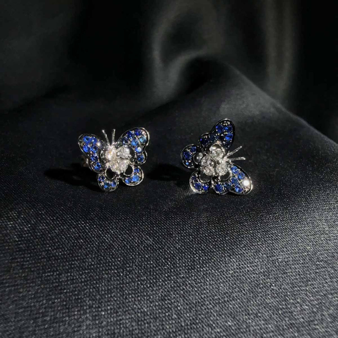 Natural Blue Sapphire Butterfly Stud Earrings 0.337ct, Diamond 0.12ct 18K Gold