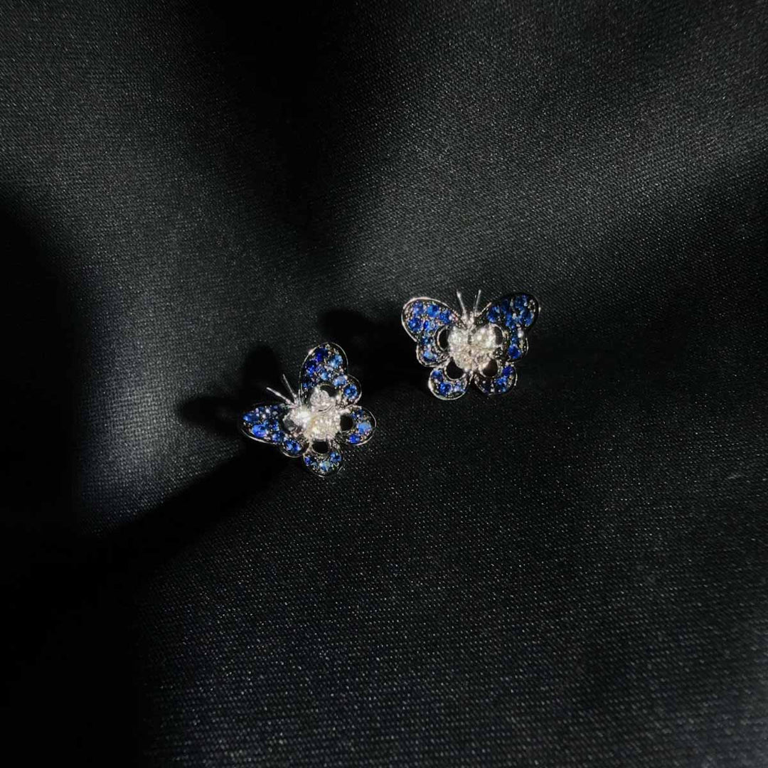 Natural Blue Sapphire Butterfly Stud Earrings 0.337ct, Diamond 0.12ct 18K Gold