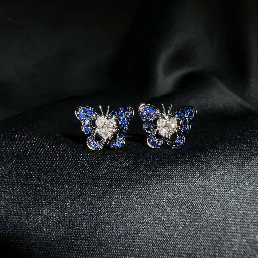 Natural Blue Sapphire Butterfly Stud Earrings 0.337ct, Diamond 0.12ct 18K Gold