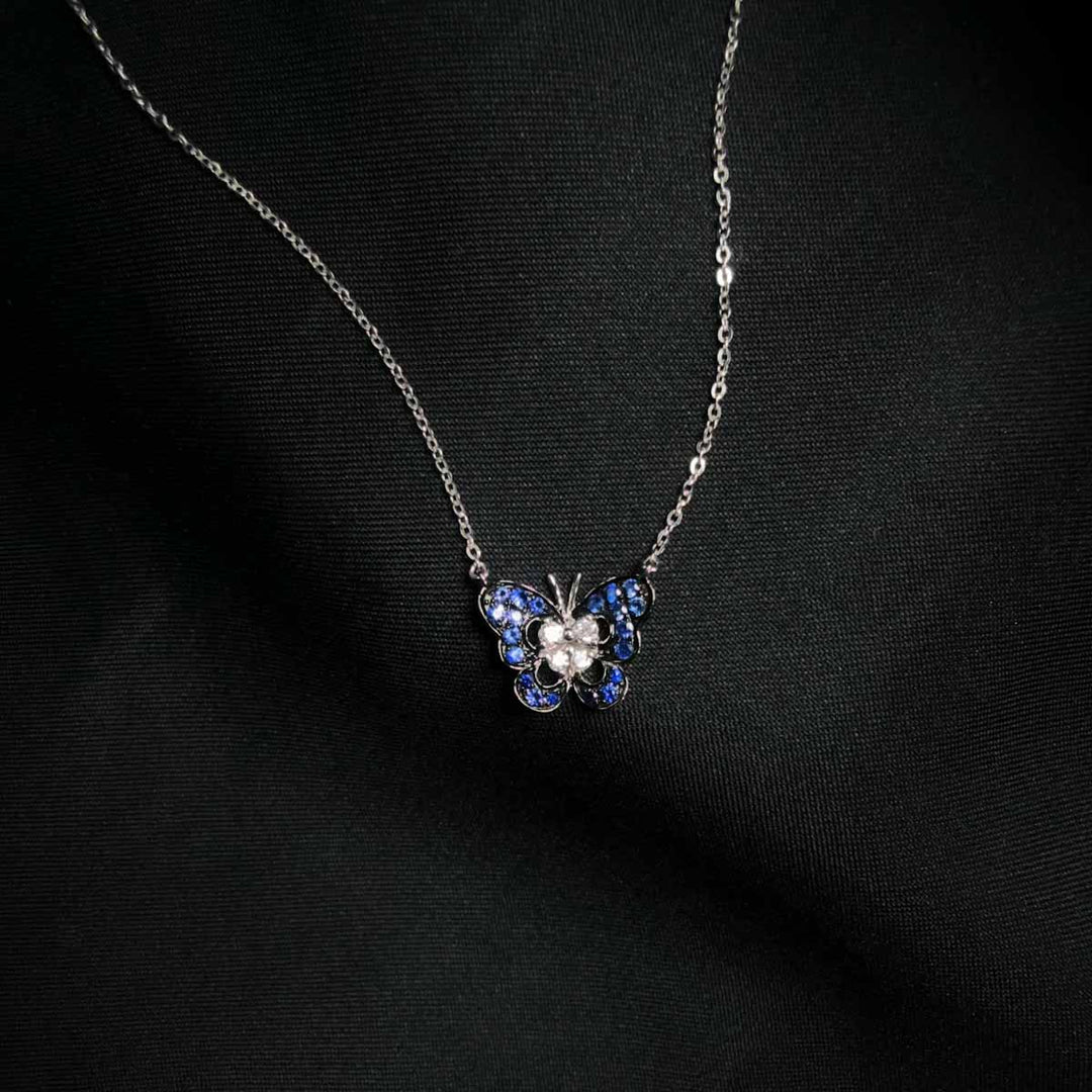 Natural Blue Sapphire Stone Butterfly Necklace 0.163ct, Diamond 0.061ct 18K Gold