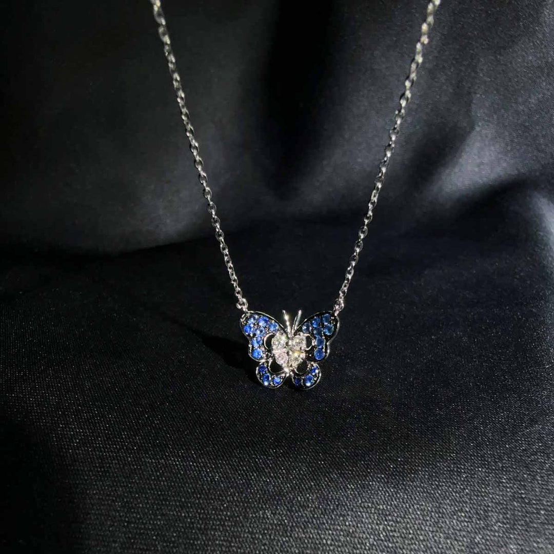 Natural Blue Sapphire Stone Butterfly Necklace 0.163ct, Diamond 0.061ct 18K Gold