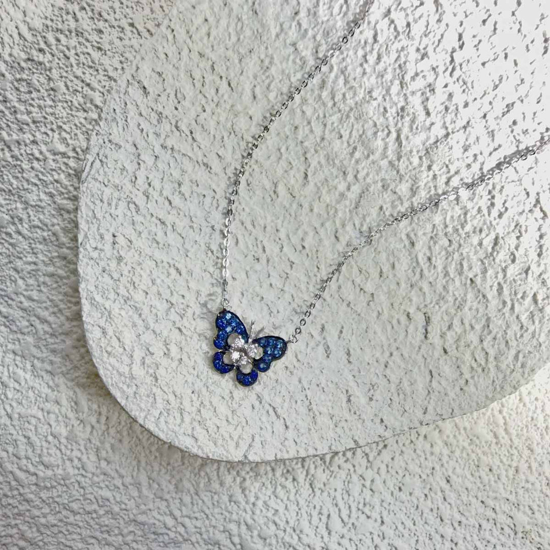 Natural Blue Sapphire Stone Butterfly Necklace 0.163ct, Diamond 0.061ct 18K Gold