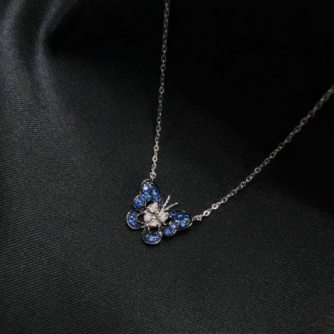 Natural Blue Sapphire Stone Butterfly Necklace 0.163ct, Diamond 0.061ct 18K Gold