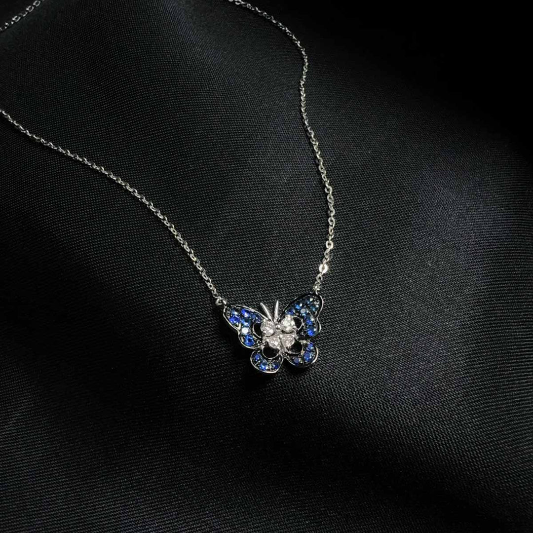 Natural Blue Sapphire Stone Butterfly Necklace 0.163ct, Diamond 0.061ct 18K Gold