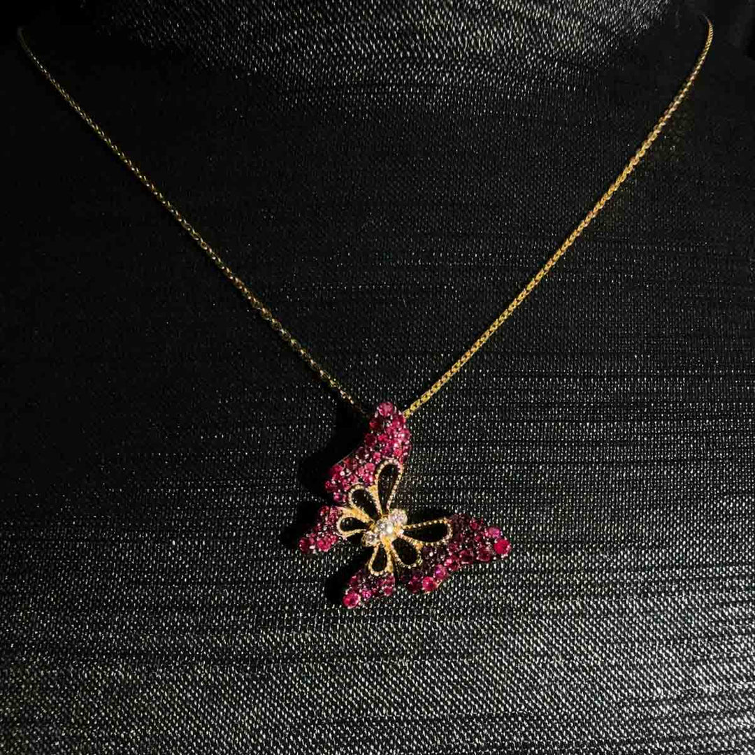 Natural Ruby Stone Butterfly Necklace 0.561ct, Diamond 0.045ct 18K Gold