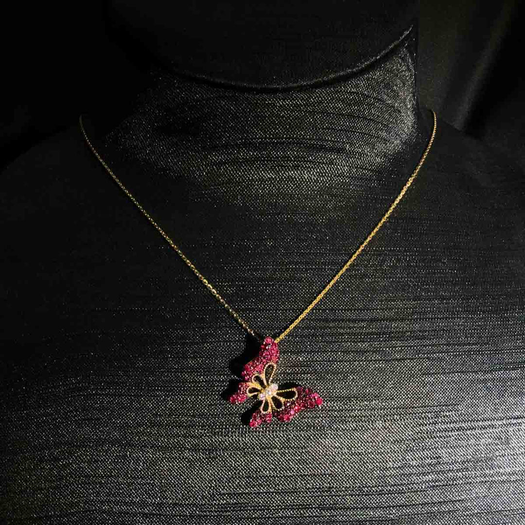 Natural Ruby Stone Butterfly Necklace 0.561ct, Diamond 0.045ct 18K Gold