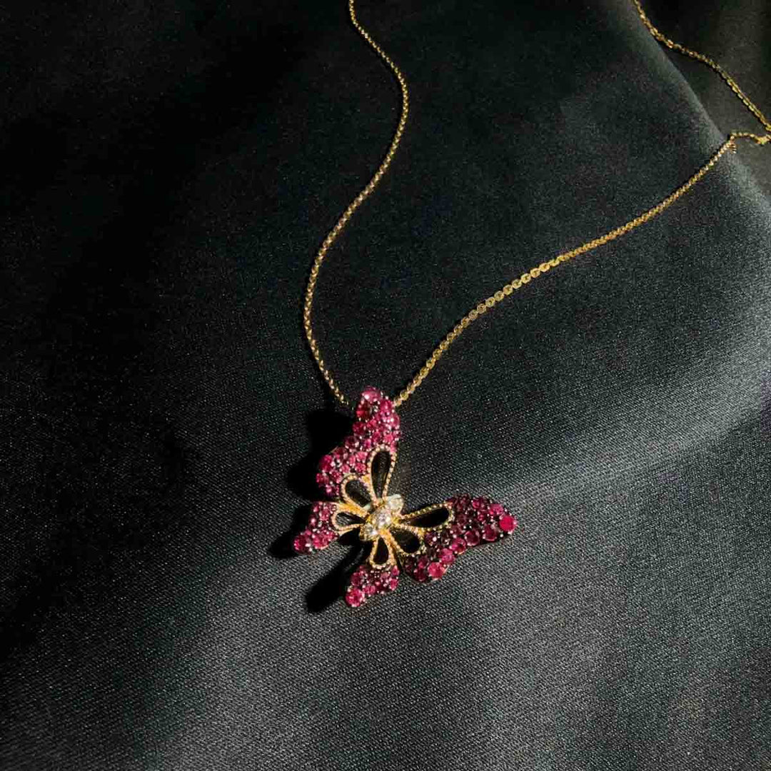Natural Ruby Stone Butterfly Necklace 0.561ct, Diamond 0.045ct 18K Gold