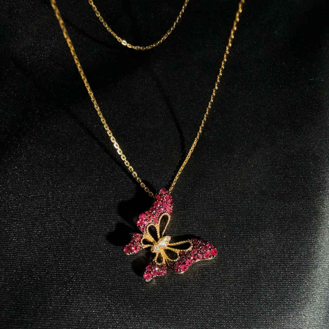 Natural Ruby Stone Butterfly Necklace 0.561ct, Diamond 0.045ct 18K Gold