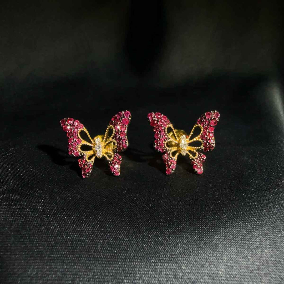 Natural Ruby Stone Butterfly Earrings 1.013ct, Diamond 0.096ct 18K Gold