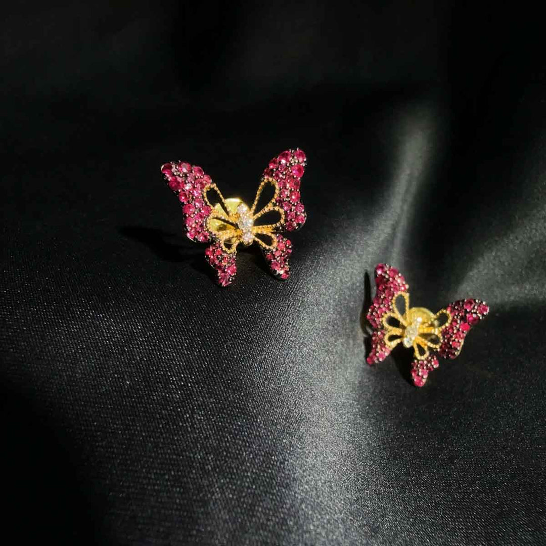Natural Ruby Stone Butterfly Earrings 1.013ct, Diamond 0.096ct 18K Gold
