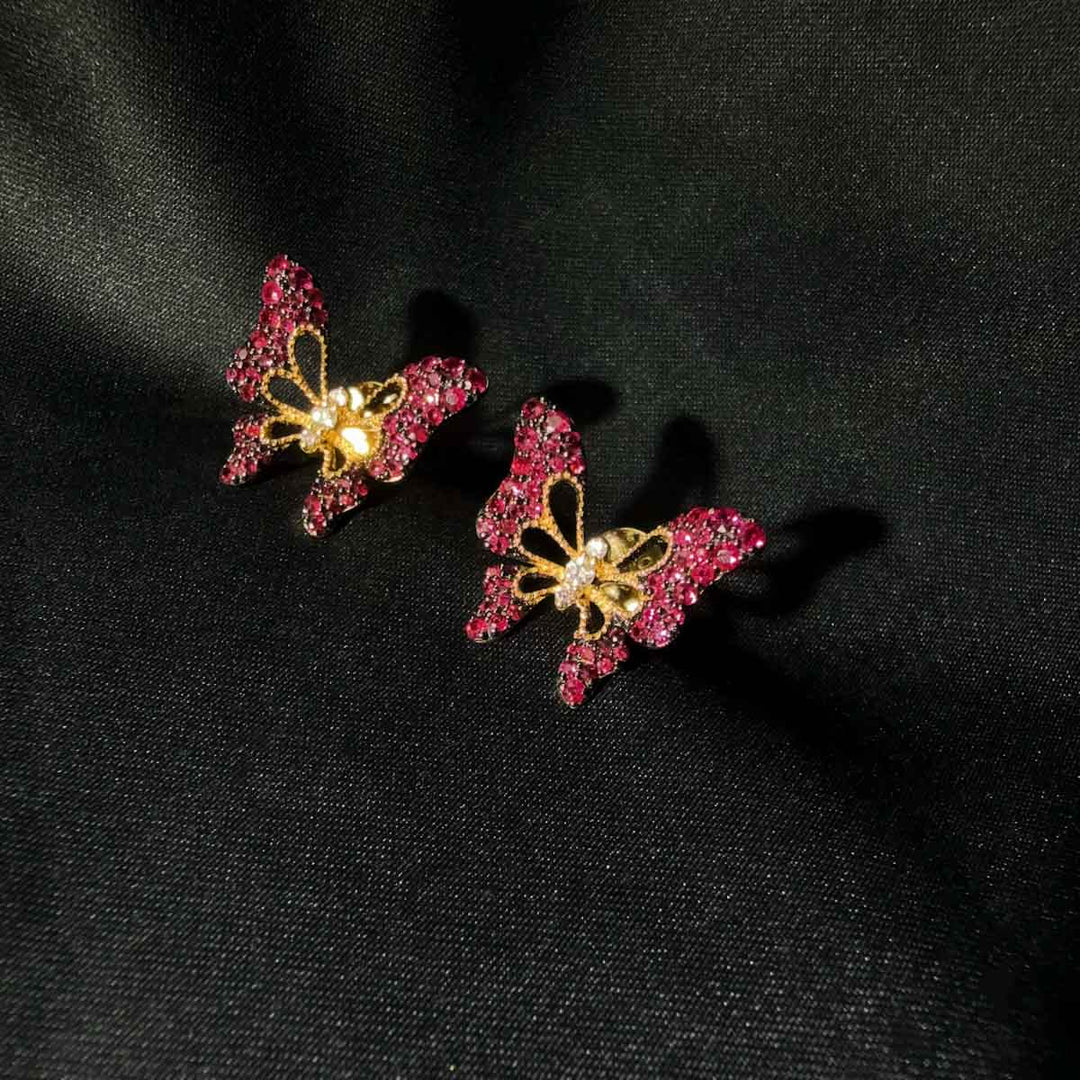 Natural Ruby Stone Butterfly Earrings 1.013ct, Diamond 0.096ct 18K Gold