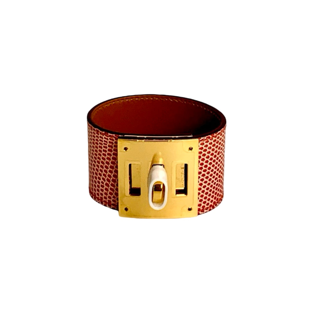 Pre-owned Hermes Kelly Dog Bracelet Etrusque Lizard in Red, White, Yellow Gold