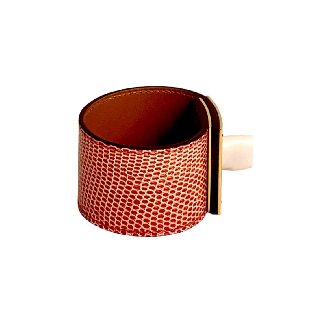 Pre-owned Hermes Kelly Dog Bracelet Etrusque Lizard in Red, White, Yellow Gold - photo 3