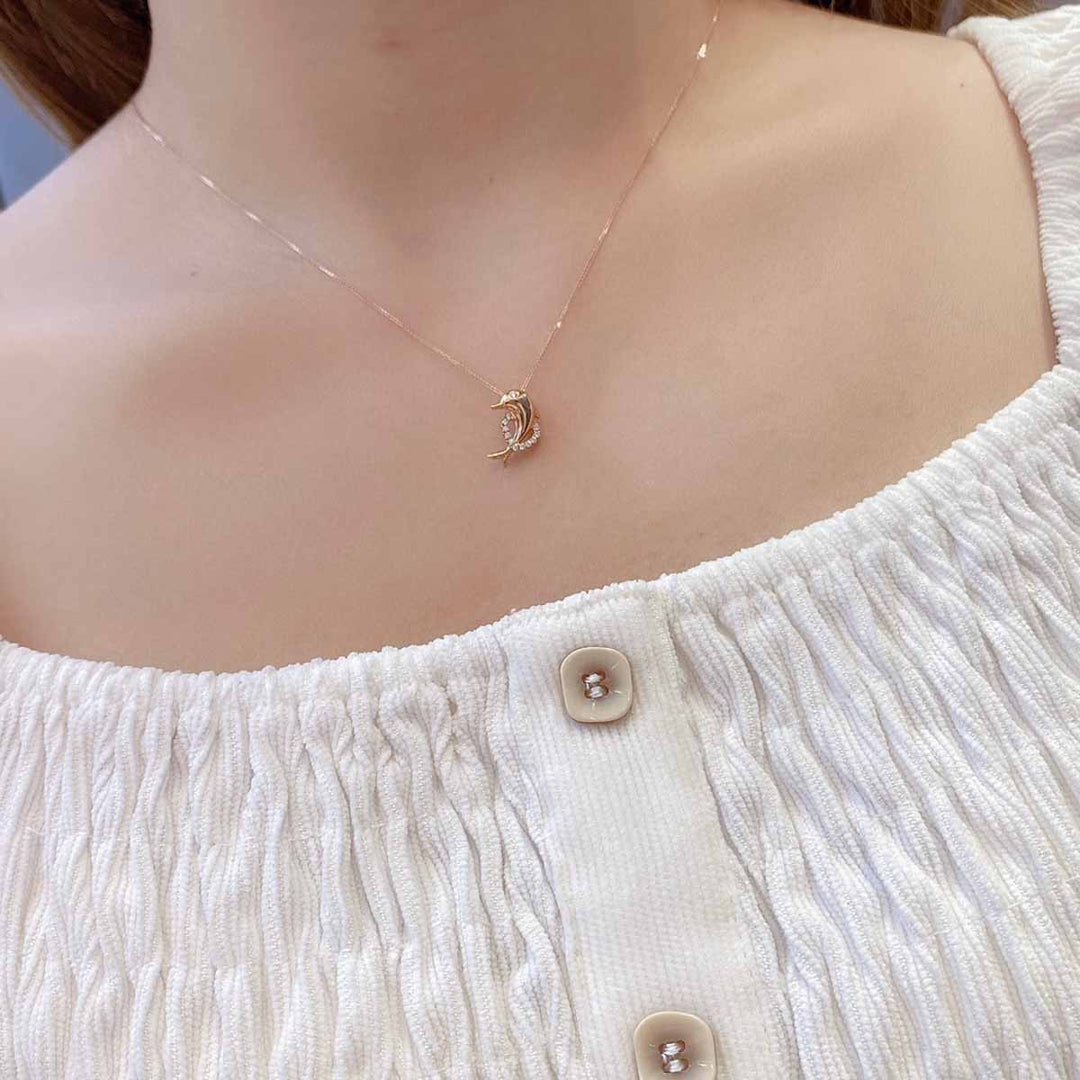 Natural White Diamond Necklace Dolphin+Heart, 18K