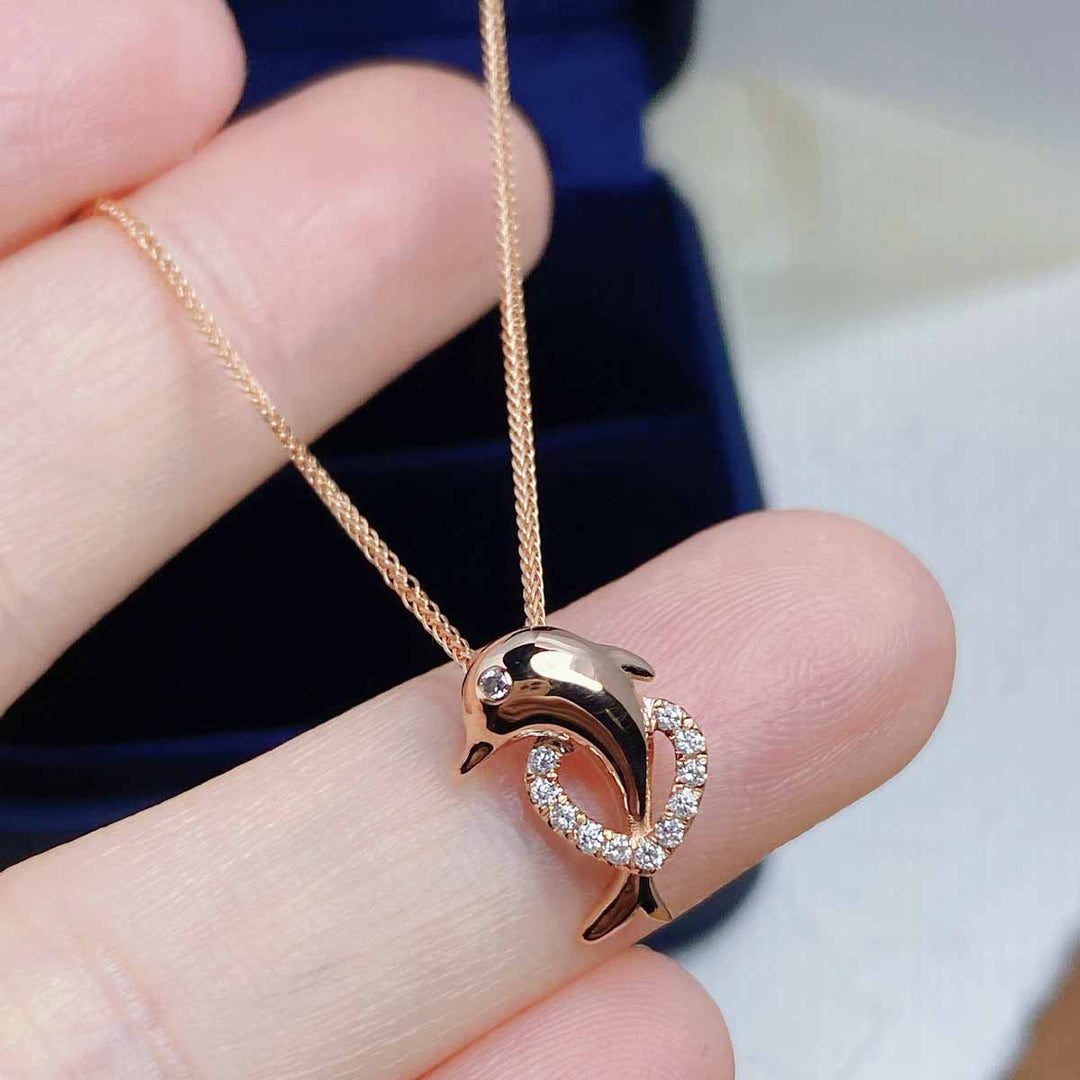 Natural White Diamond Necklace Dolphin+Heart, 18K