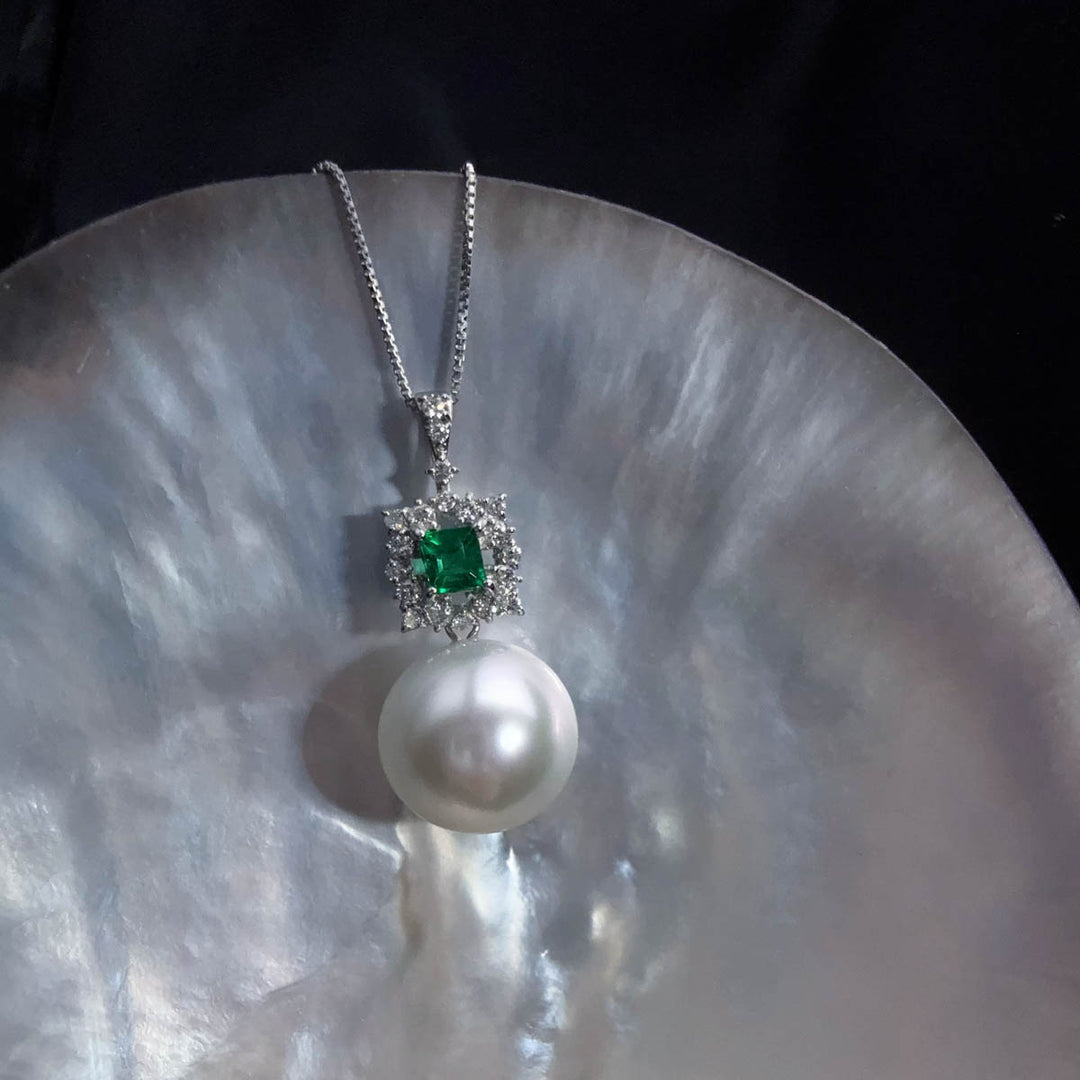 Natural South Sea White Pearl Necklace 12.2mm, Emerald 0.28ct, Diamond 0.20ct Platinum Pt950
