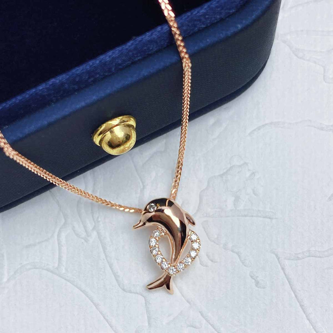 Natural White Diamond Necklace Dolphin+Heart, 18K