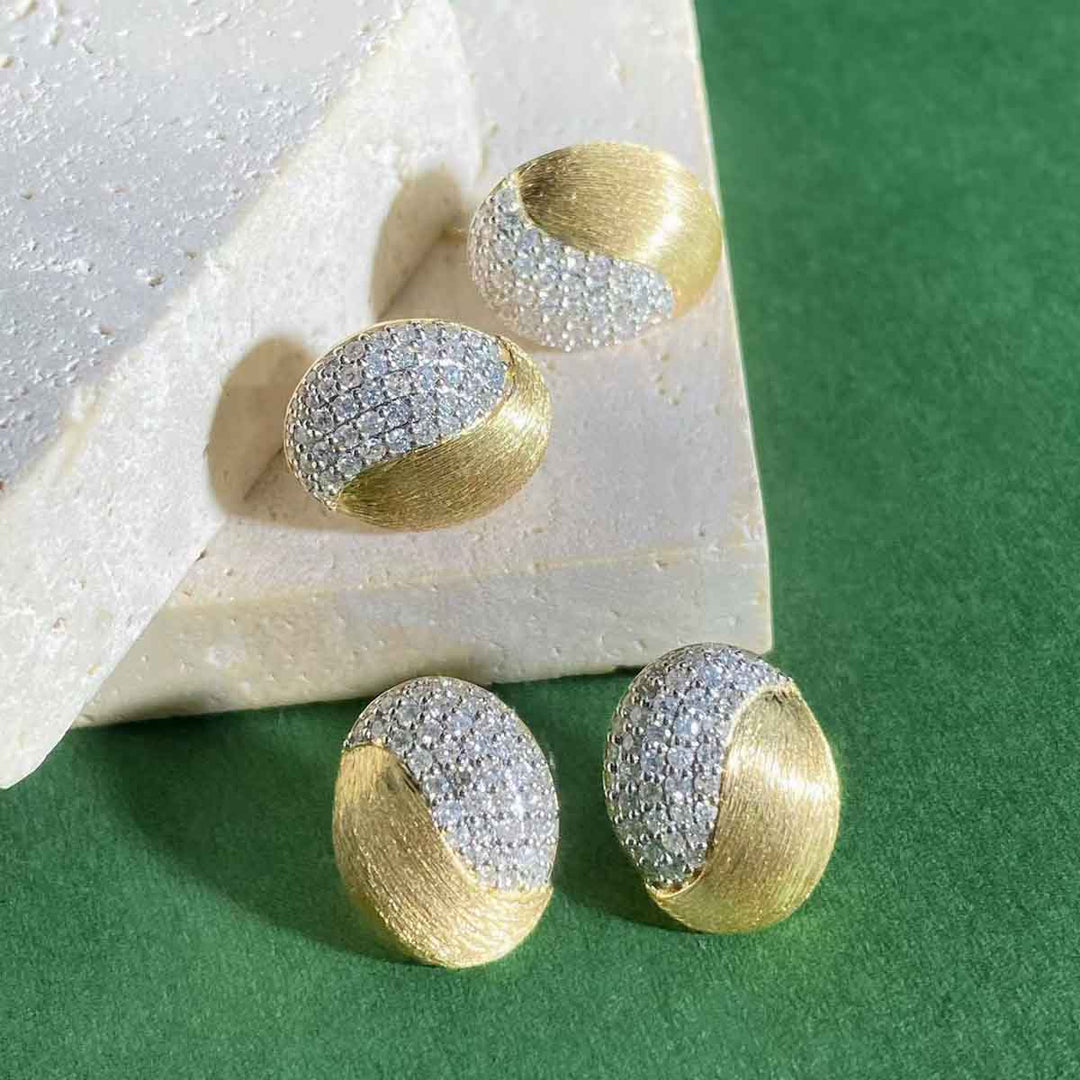 Natural White Diamond Oval Brushed Earrings D0.39ct,18K