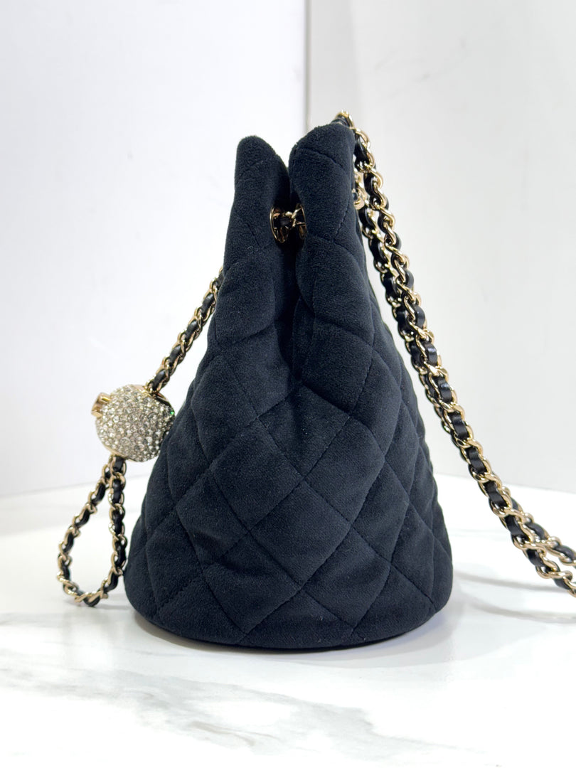 Chanel Bucket Bag Black Velvet With Crystal Crush