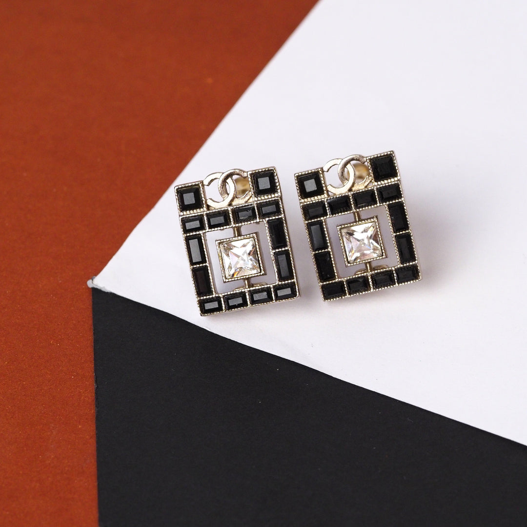 Chanel Black And Crystal Square Clip On Earring
