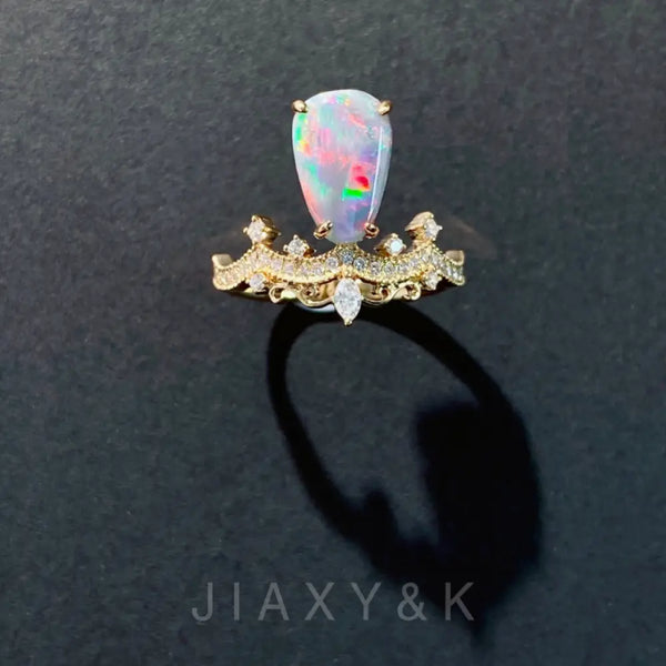 Natural Australian Opal and Diamond Crown Ring - Jiaxyk