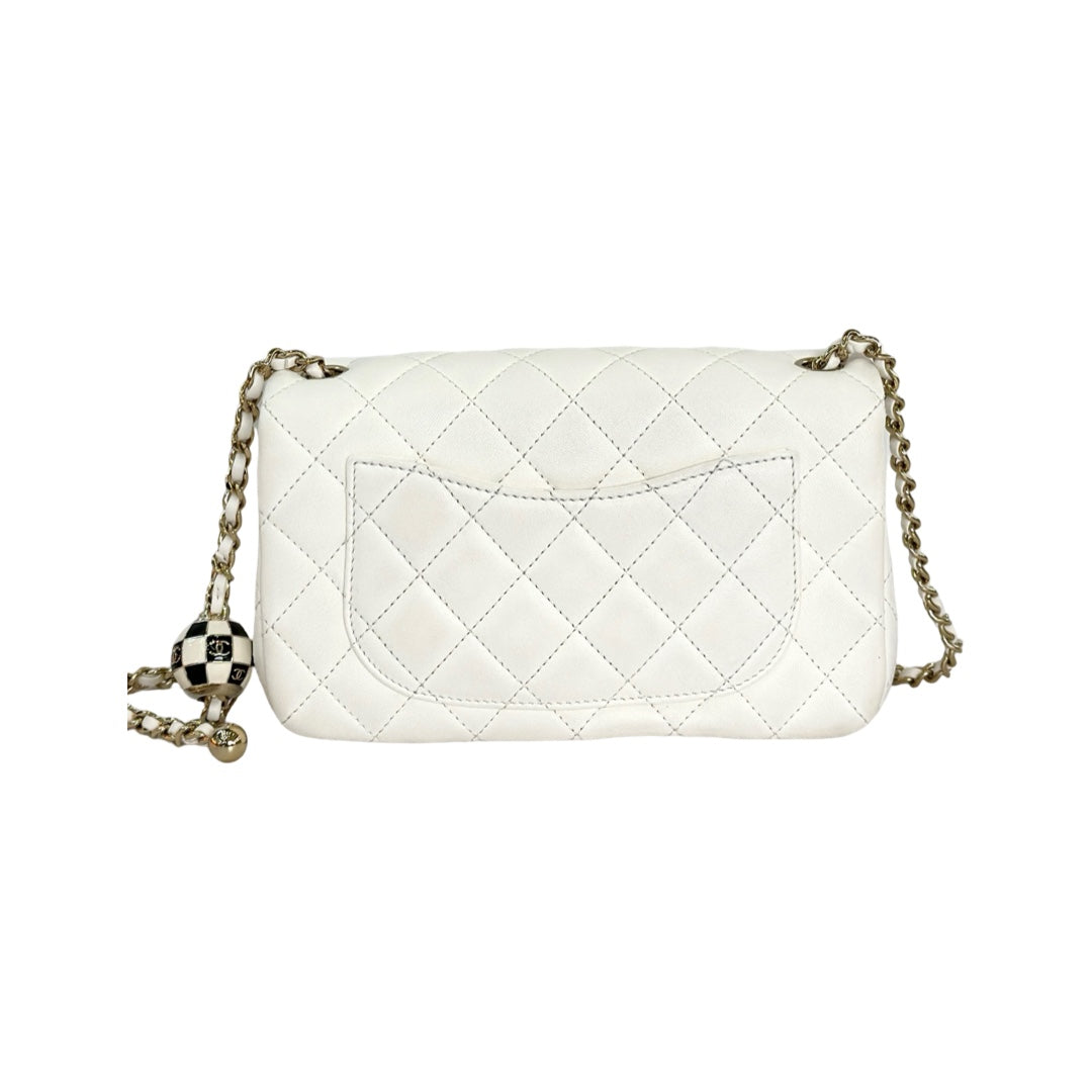 Chanel White Mini Classic Flap Bag with Pearl Crush JK Store
